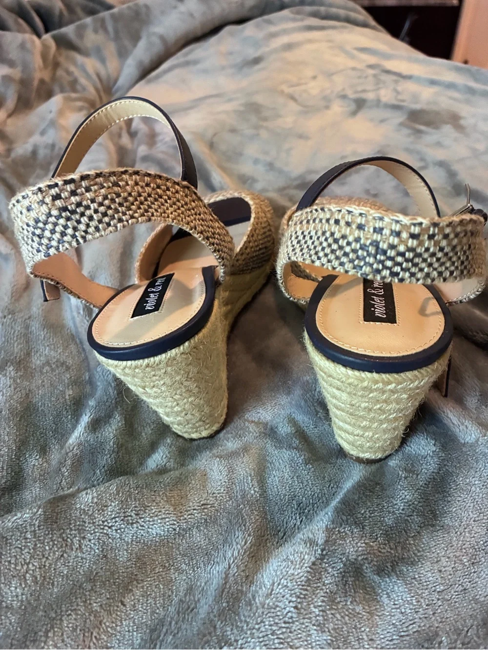 Violet & Red Micah Textured Stylish Espadrille Wedge Sandals in Navy and Tan.